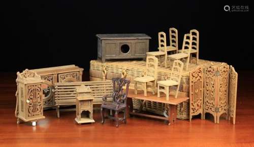 A Collection of Vintage Doll's House Furniture contained in a wicker case.