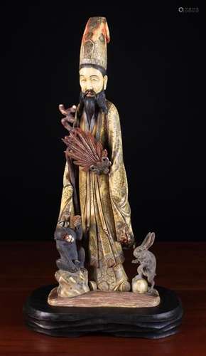 A Large and Rare Late 19th Century Meiji Period Ivory Carving of Jorojin depicted with a long black