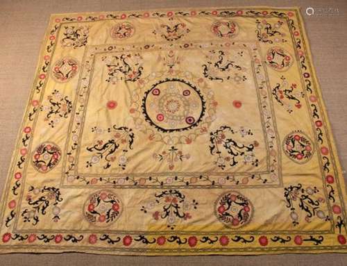 A Fine 19th Century Russian Suzani Bed Cover embroidered with striking display of coloured floral