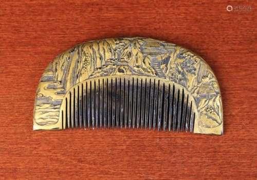 An Antique Japanese Gilt Lacquered 'Kushi' Hair Comb of D-shaped form elaborately carved with