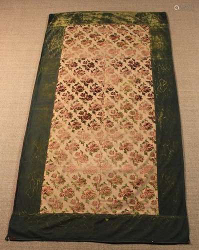 A 19th Century Spanish Table Cloth: One side with a panel of sculpted velvet with emerald green &