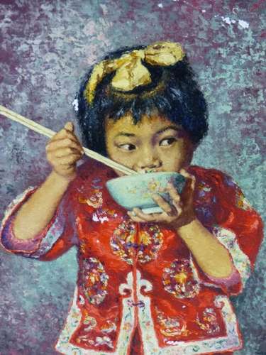 REINHOLD R ZELLER. (1908-1977) ARR A YOUNG CHINESE GIRL EATING WITH CHOPSTICKS, SIGNED AND DATED