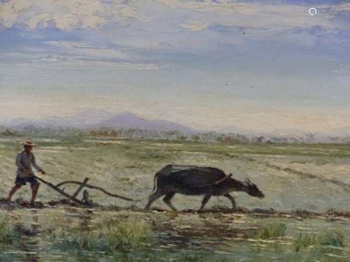 REINHOLD R ZELLER. (1908-1977) ARR RICE FARMER WITH WATER BUFFALO, SIGNED AND DATED 1956, OIL ON