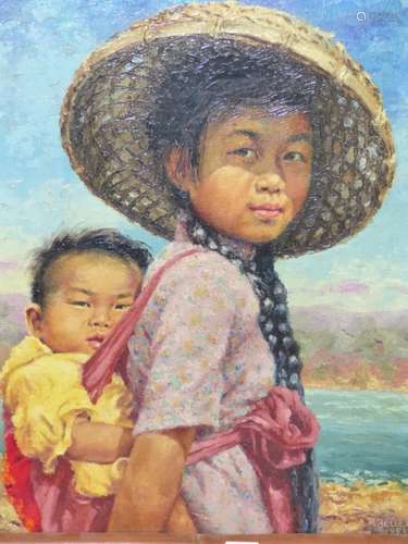 REINHOLD R ZELLER (1908-1977) ARR A CHINESE MOTHER AND CHILD, SIGNED AND DATED 1953, OIL ON BOARD.