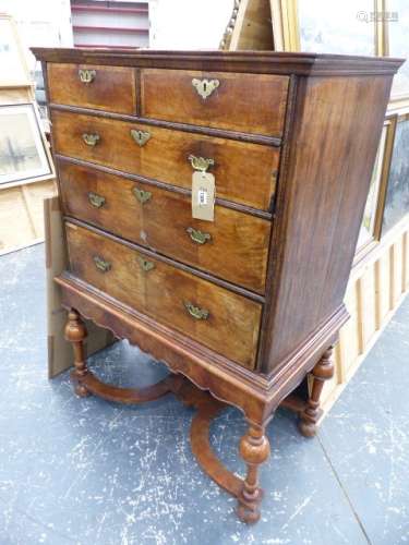 AN 18th.C.AND LATER WALNUT CHEST ON STAND LATER CONVERTED WITH FALL FRONT. 100 x 57 x H.143cms.