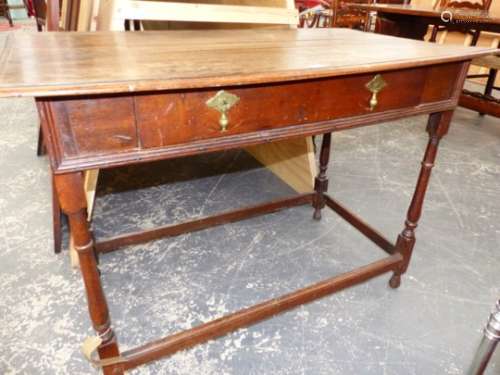 AN 18th.C.OAK SIDE TABLE WITH SINGLE LONG FRIEZE DRAWER ON SLENDER TURNED LEGS UNITED BY STRETCHERS.
