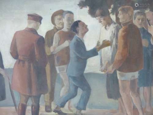 EARLY TO MID 20th.C.ENGLISH SCHOOL. THE DISAGREEMENT, OIL ON BOARD. 58 x 92cms.