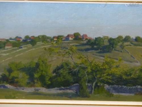 F.A.LE M-----20th.C. ARR. A HILLTOP FARM, SIGNED AND DATED 1972, OIL ON CANVAS. 30 x 60cms.