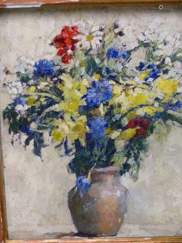 20th.C.SCHOOL. A STILL LIFE OF SUMMER FLOWERS, SIGNED INDISTINCTLY, OIL ON BOARD. 47 x 39cms.