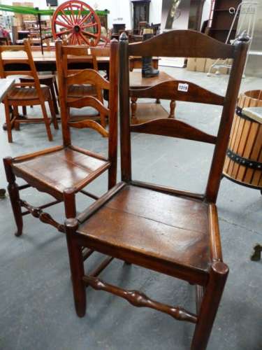 FIVE SIMILAR 19th.C.OAK AND ASH PLANK SEAT CHAIRS, ONE SPINDLE BACK AND FOUR LADDER BACK. (5)