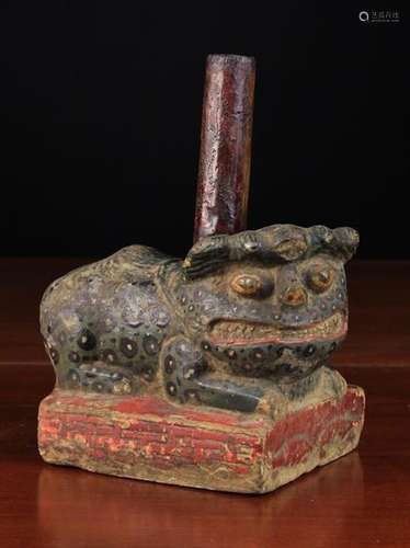 An Unusual Antique Carved & Painted Stone Support in the form of a crouching mythical beast with