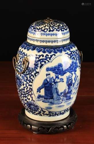 A Fine 18th Century Chinese Blue & White Vase & Cover with original swing handles.