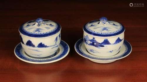 Two 19th Century Blue & White Chinese Bowls with covers and stands, decorated with landscapes,