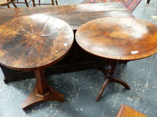 A LATE GEORGIAN MAHOGANY AND INLAID OVAL TILT TOP TABLE TOGETHER WITH A VICTORIAN OCCASIONAL TABLE