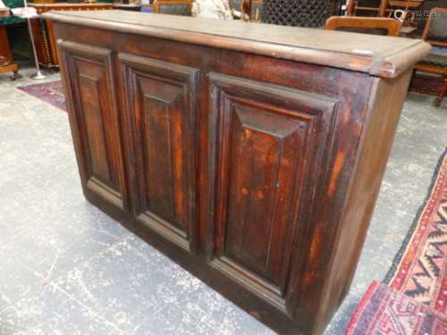 A VICTORIAN PINE PANEL FRONT SHOP COUNTER, THE REVERSE FITTED WITH SIX SHORT DRAWERS AND CABINET.