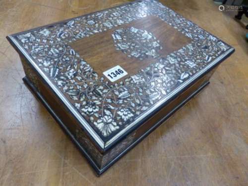 AN INDIAN HARDWOOD BOX, POSSIBLY VIZAGAPATAM, INLAID WITH IVORY BANDS OF FLOWERING FOLIAGE, THE