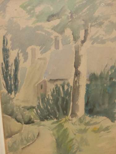 GEORGE BISSILL. (1896-1973) ARR. COTTAGES AND TREES, SIGNED WATERCOLOUR. 46.5 x 30cms.