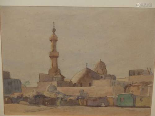 20th.C.ENGLISH SCHOOL. A NORTH AFRICAN VILLAGE VIEW, WATERCOLOUR. 26.5 x 33cms.