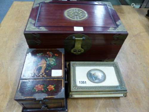 A FRENCH SIMULATED IVORY JEWELLERY BOX WITH MINIATURE INSET LID, A CHINESE MARRIAGE BOX WITH