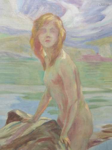 ABONYI ERNO. 1890-1941. A WATER NYMPH SIGNED OIL ON CANVAS BOARD. 68 x 35cms.