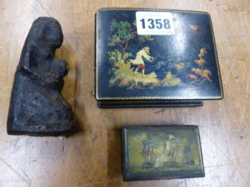 A RUSSIAN LACQUER BOX PAINTED WITH A FISHERMAN RELEASING THE GOLDEN FISH, THE BOX. W 10cms. A