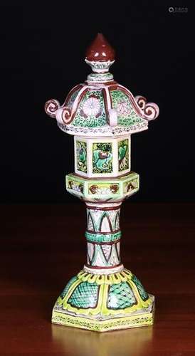 A Hexagonal Chinese Temple Candle-stand with enamelled decoration, 13½