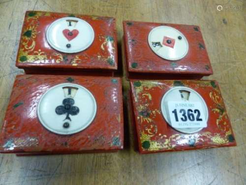 A SET OF FOUR GEORGIAN RED PAINTED WOOD GAMES COUNTER BOXES/ BRIDGE MARKERS, CONTAINING RED AND WHIT