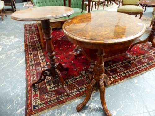 A VICTORIAN BURR WALNUT OVAL OCCASIONAL TABLE ON CARVED COLUMN AND QUADRUPED LEGS TOGETHER WITH A