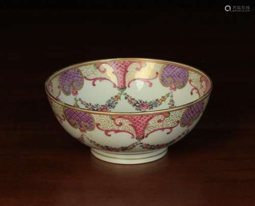 A Samson 'Newhall' Bowl decorated with swags and bouquets of pink flowers within a border of pink