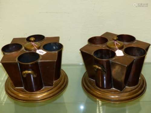 PEARSON & CO. LONDON, A PAIR OF VINTAGE COPPER FOUR BOTTLE WINE COOLERS WITH BRASS HANDLES AND LIDS