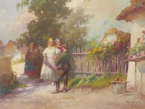 20th.C.CONTINENTAL SCHOOL. VILLAGE GOSSIP, SIGNED INDISTINCTLY, OIL ON BOARD. 59 x 77cms.