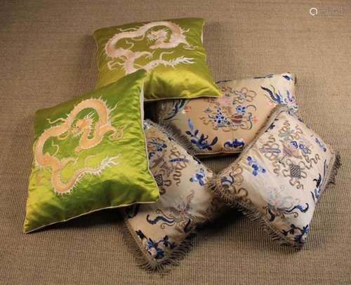 A Group of Five Decorative Feather-filled Cushions: A pair of square silkwork cushions embroidered