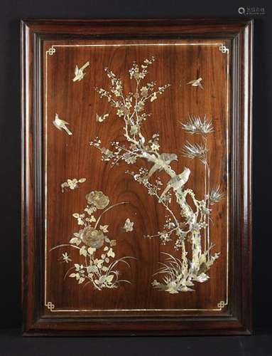 A Fine 19th Century Padouk Wood Panel inlaid with mother-of-pearl intricately engraved with