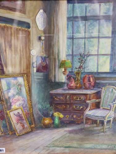 G.SIMON. EARLY 20th.C.CONTINENTAL SCHOOL. THE ARTIST'S STUDIO, SIGNED WATERCOLOUR. 60 x 48cms.