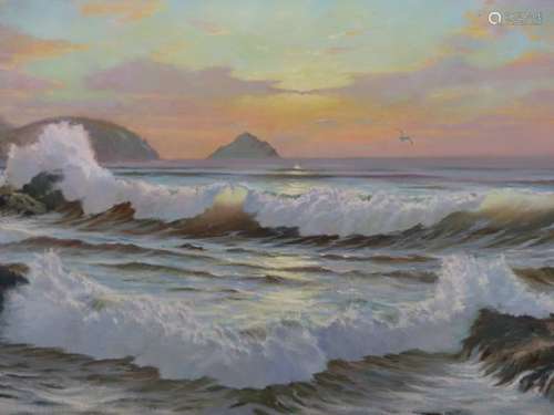 JOHN HEWITT CONTEMPORARY. ARR. WAVES ON A ROCKY SHORE AT SUNSET, OIL ON CANVAS, SIGNED LOWER LEFT. H