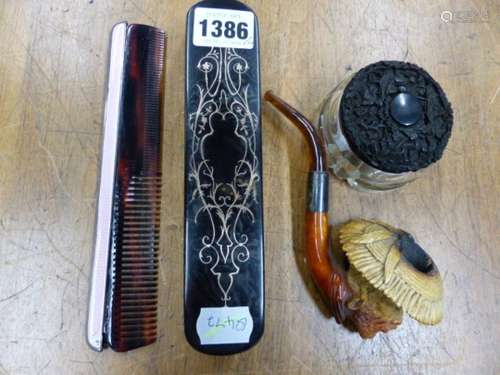 A GOLD WIRE PICQUE TORTOISESHELL BACKED CLOTHES BRUSH, A PINK ENAMELLED SILVER MOUNTED COMB, A