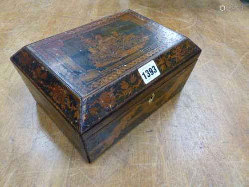 AN EARLY 19th C. PENWORK, RECTANGULAR BOX, THE THREE FIGURES DEPICTED ON THE LID WITHIN GUILLOCHE