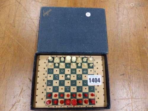 A JACQUES CARD BOARD BOXED RED AND WHITE PLASTIC TRAVELLING CHESS SET, THE BOX. W 16 X D 12cms