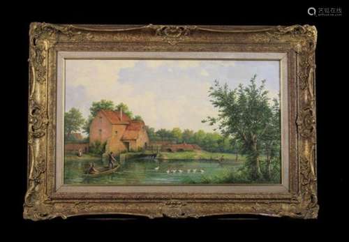 A 19th Century Oil on Canvas: River Landscape with figures punting, ducks, a lock and mill,