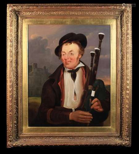 A Large Oil on Canvas: Half length Portrait of a Country-man with bagpipes,