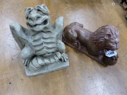 TWO SCULPTURE MOULDS, A RECLINING LION WITH PAW RAISED ON A BALL. W 33cms. TOGETHER WITH A WINGED