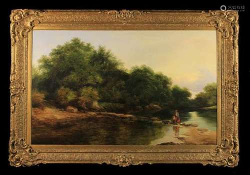 A Large 19th Century Oil on Canvas: River Landscape with angler on far bank,