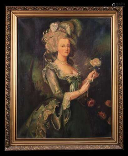 An Oil on Canavs: Three quarter length portrait of an 18th century lady dressed in finery holding a