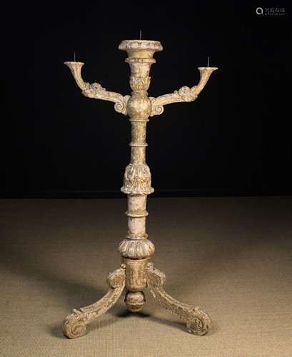 A Louis XIV Carved & Painted, Giltwood Three-light Pricket Torchère.