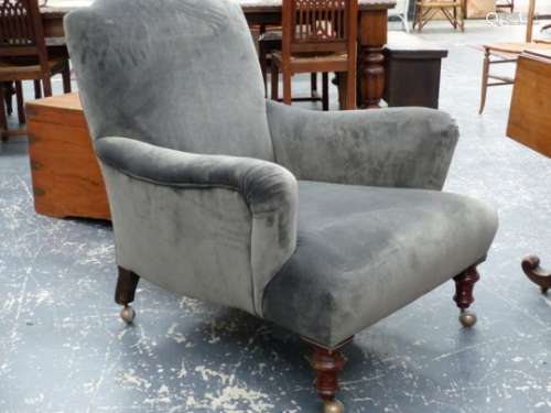 TWO LARGE VICTORIAN GENTLEMAN'S LIBRARY ARMCHAIRS WITH RING TURNED TAPERED FRONT LEGS. (2)