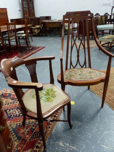 AN EDWARDIAN MAHOGANY AND INLAID OPEN ARMCHAIR WITH SHAPED SEAT ON SQUARE TAPERED LEGS TOGETHER WITH