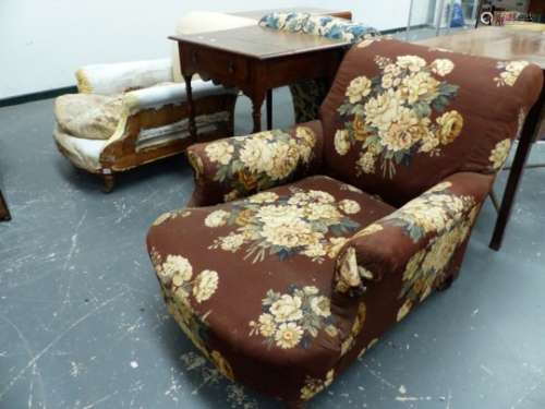 PAIR OF ANTIQUE HOWARD & SONS UPHOLSTERED CLUB DEEP SEAT ARMCHAIRS, ALL BRASS CASTORS STAMPED HOWARD
