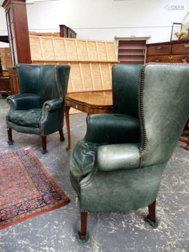 A PAIR OF GEO.II.STYLE LEATHER UPHOLSTERED BARREL WING BACK ARMCHAIRS ON SQUARE TAPERED FORELEGS