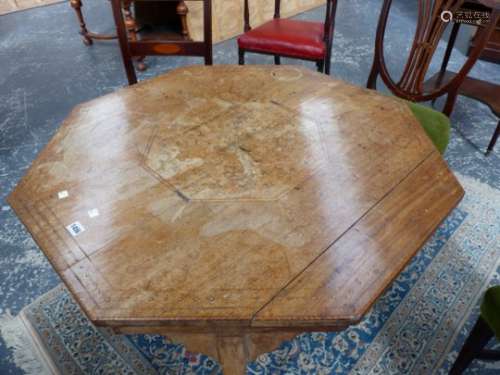 A LATE VICTORIAN INLAID OCTAGONAL CENTRE TABLE ON SQUARE TAPERED LEGS AND BRASS CASTERS. 90 x 90 x