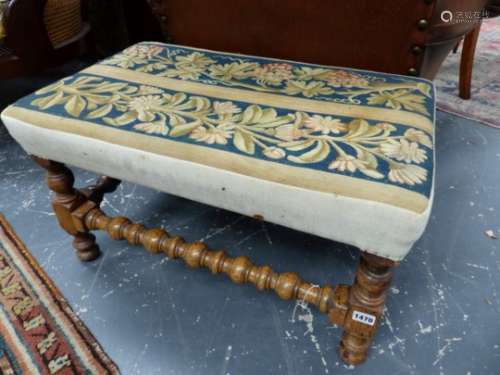 AN 18th.C.STYLE OAK STOOL WITH BOBBIN LEGS AND STRETCHERS, TAPESTRY PANEL TOP. 66 x 41 x H.38cms.